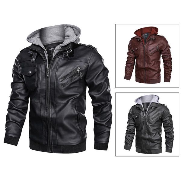 

men's jackets faux leather bomber jacket with removable hood biker windbreaker coat slim fit moto jake, Black;brown