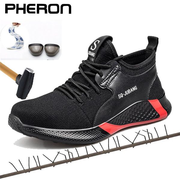 

boots breathable safety shoes men summer lightweight work steel toe puncture-proof sneakers indestructible zapatos, Black
