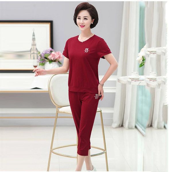 

fashion o-neck t shirts short sleeves elastic waist pant mom casual two piece set tracksuit summer loose plus size outfits women's pant, White