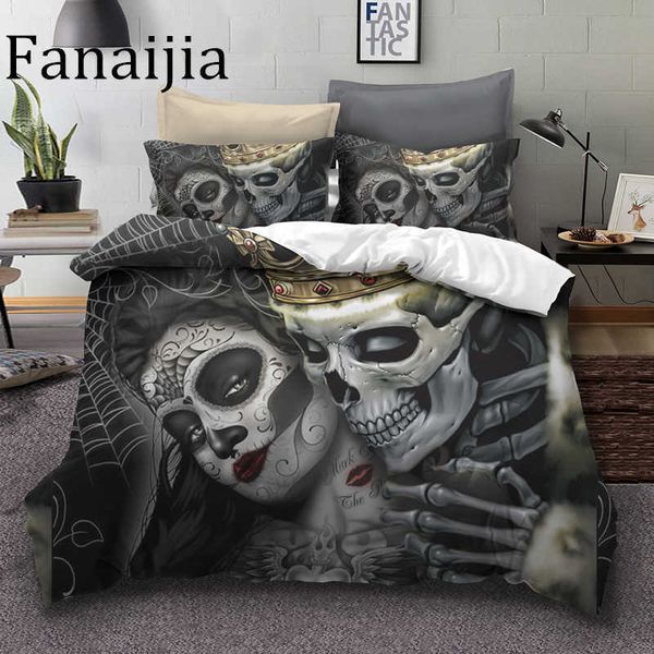 Fanaijia Sugar Skull Conjuntos de cama king beauty kiss capa de edredon jogo de cama estampa boêmia roupa de cama preta queen size 210615