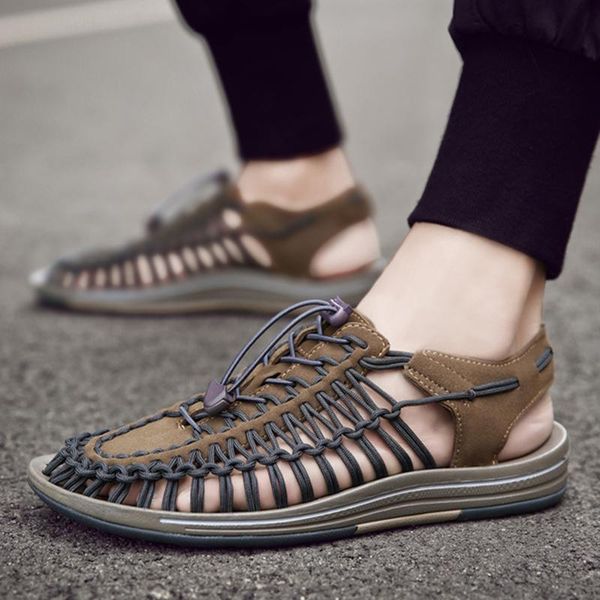 

sandals men beach shoes weaving outdoor summer casual roman tc21, Black