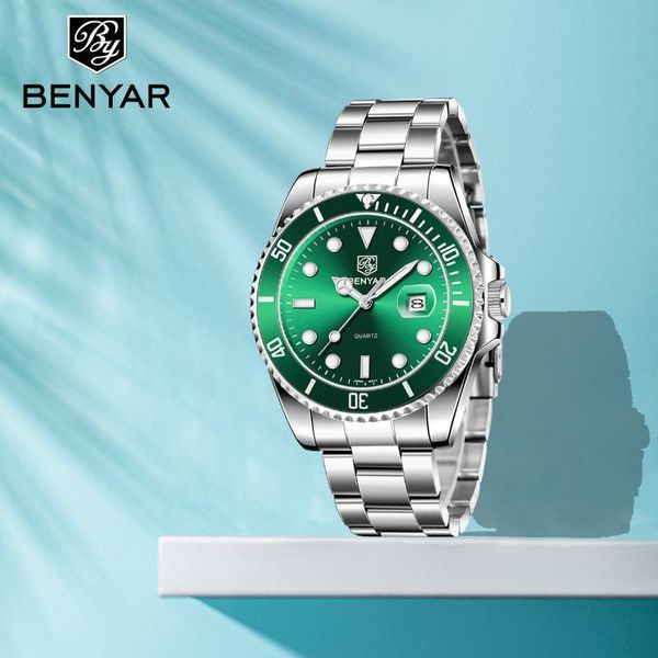 

wristwatches 2021 benyar watch men business quartz stainless steel case automatic date clock orologio uomo, Slivery;brown