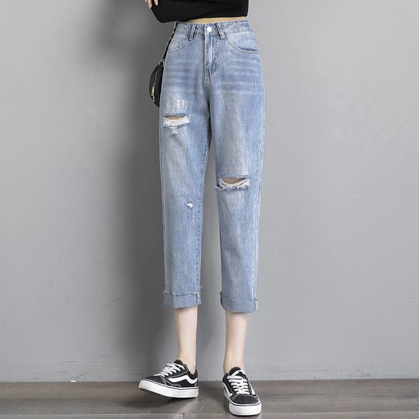 

female vintage torn high-rise loose-back-leg adjustment cropped jeans *124; 120249526, Blue