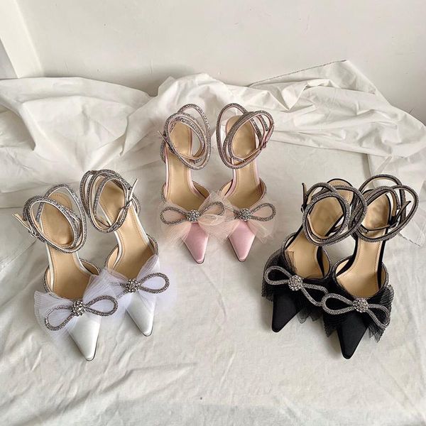 

sandals 2021 spring products bow knot rhinestone high heels pointed toe silk hollow women's shoes stiletto, Black