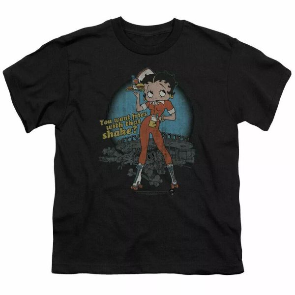 

Betty Boop Fries With That Kids Youth T Shirt Licensed Classic Cartoon Tee Black, White;black