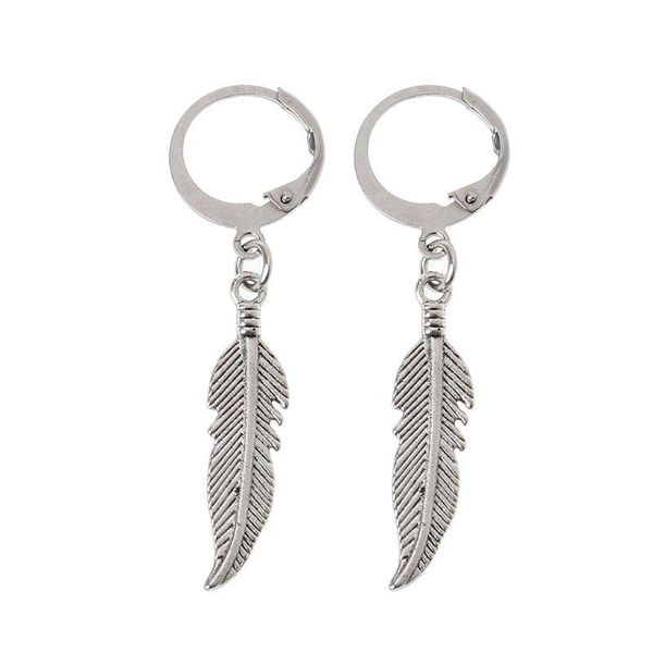 

dangle & chandelier vintage leaf titanium steel feather pendant hoop earrings korean jewelry unisex, Silver