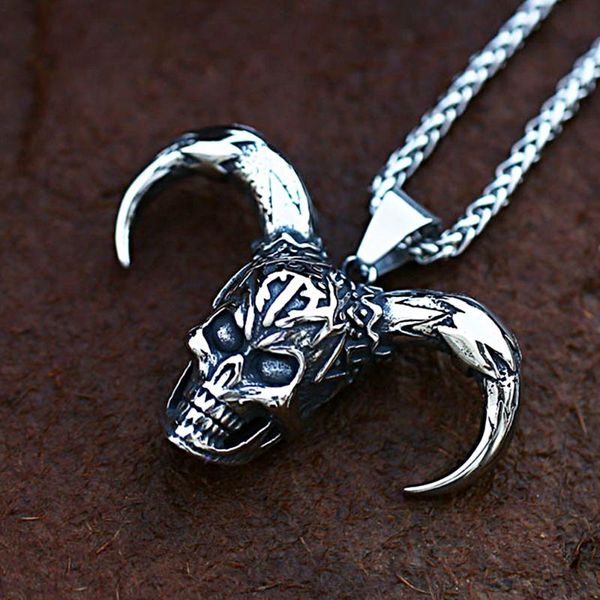 

chains punk hip hop skull pendant necklace gothic stainless steel demon satan goat horn men boys fashion jewelry gift, Silver