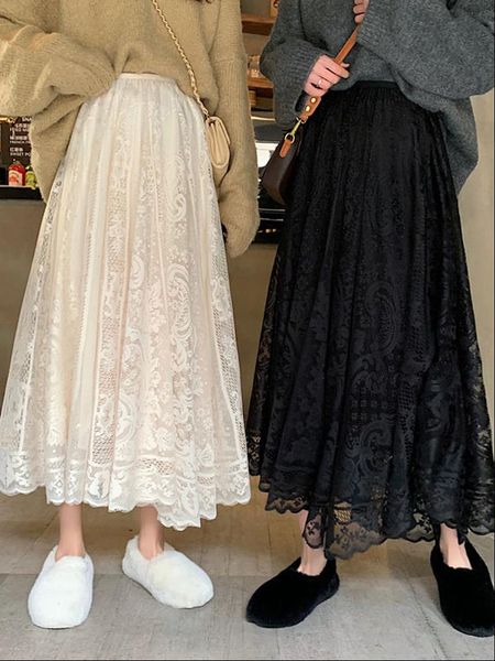 

werueruyu spring and summer waist women skirts gauze lace thin a line long, Black