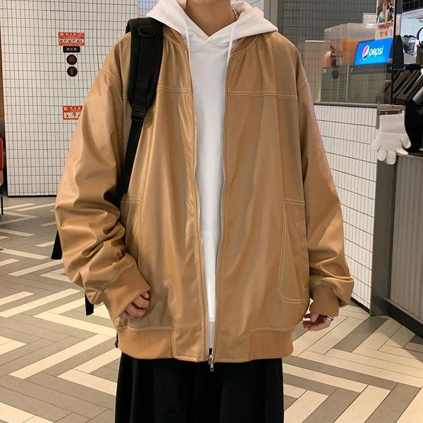 

men's jackets hybskr harajuku oversize men pu leather jacket solid color fashion autumn sportswear casual loose coat streetwear clothin, Black;brown