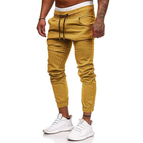 

men's pants 2021 autumn fashion solid mid waist drawstring jogging trousers mens casual slim pleated long color streetwear, Black