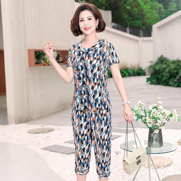 

plus size tracksuits middle-aged women 2 piece set summer suits short sleeve print and pants two-piece female t-shirt clothing, Black