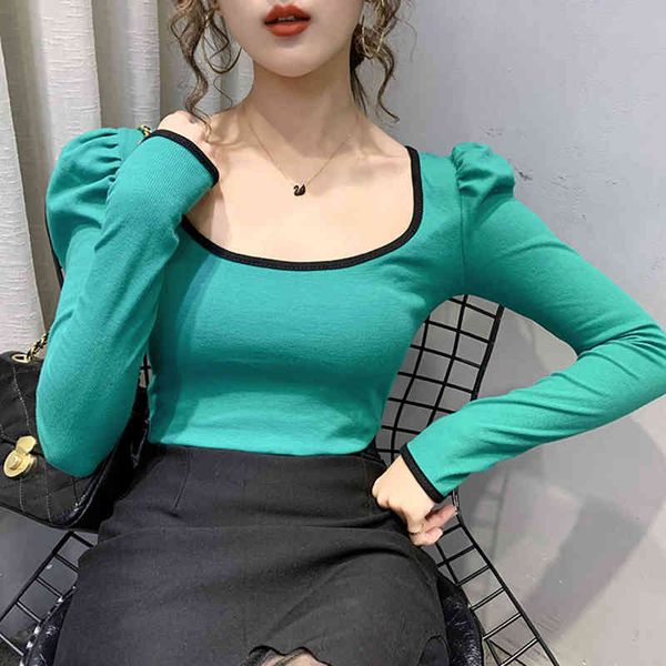 

women's t-shirt shintimes square collar tee femme korean slim t knitted tshirt clothes autumn puff sleeve women haut s09g, White
