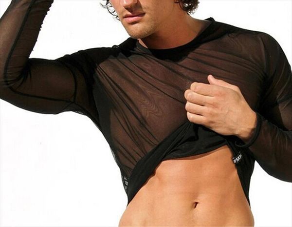 

transparent mesh tees undershirt mens t shirts see through costume fitness breathable slim casual tshirts, White;black
