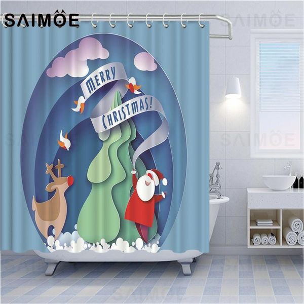 

christmas bathroom shower curtain snowman santa claus elk waterproof fabric 3d paper-cutting art bath curtains home decoration