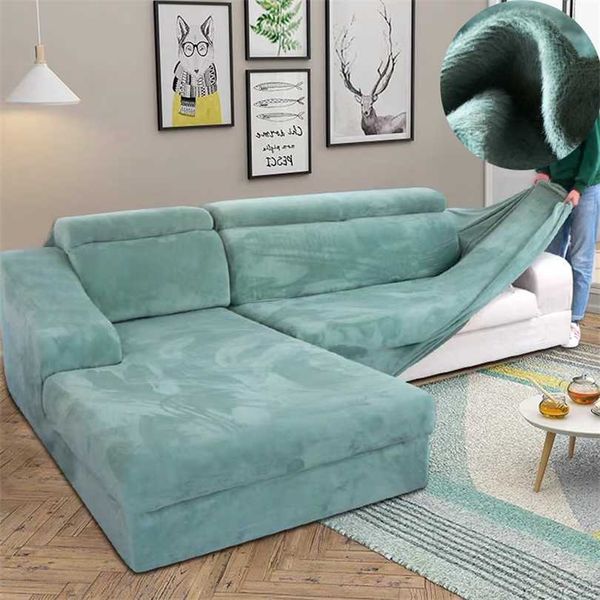Samt-Plüsch-Sofabezug in L-Form für Wohnzimmer, elastisch, für Möbel, Couch, Schonbezug, Chaiselongue, Eck-Stretch, 211105