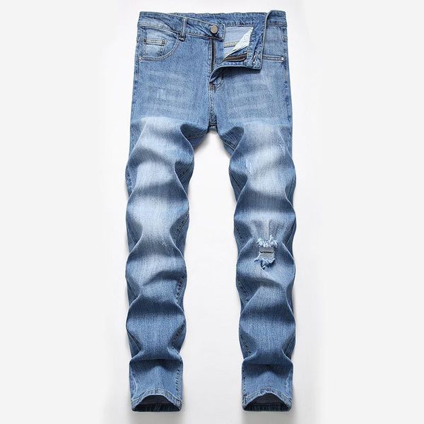 

men's motorcycle jeans slim fit straight denim pants ripped skinny trousers, Blue