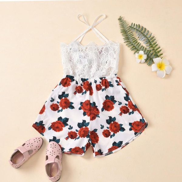 

jumpsuits fashion summer born baby girl clothes sleeveless lace flower print strap romper jumpsuit one-piece outfit, Blue