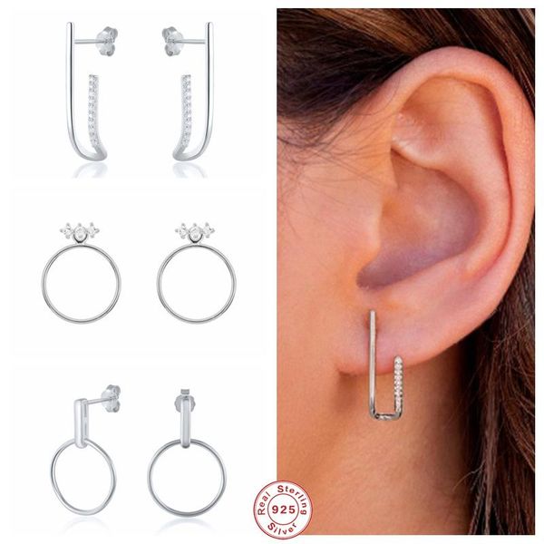 

sterling silver geometric line hollow circle stud earrings for women girl cubic zirconia jeweled ear party jewelry, Golden;silver