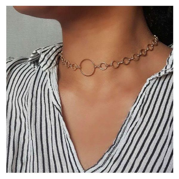 

chokers hahagirl vintage gold silver color choker necklace for women big round interlocking girl charm fashion jewelry 2021, Golden;silver