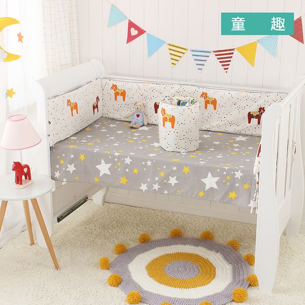 

nordic 4pcs cot bumpers +flat bed sheet cartoon cotton childrens crib protector baby bedding anti-collision kids bedding set