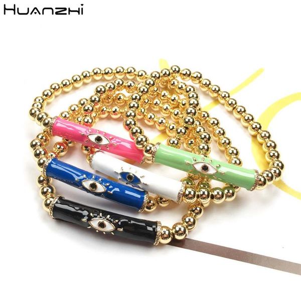 

charm bracelets huanzhi 2021 multicolor enamel zircon evil's eye gold metal beads elastic adjustable bracelet for women men jewelry gif, Golden;silver