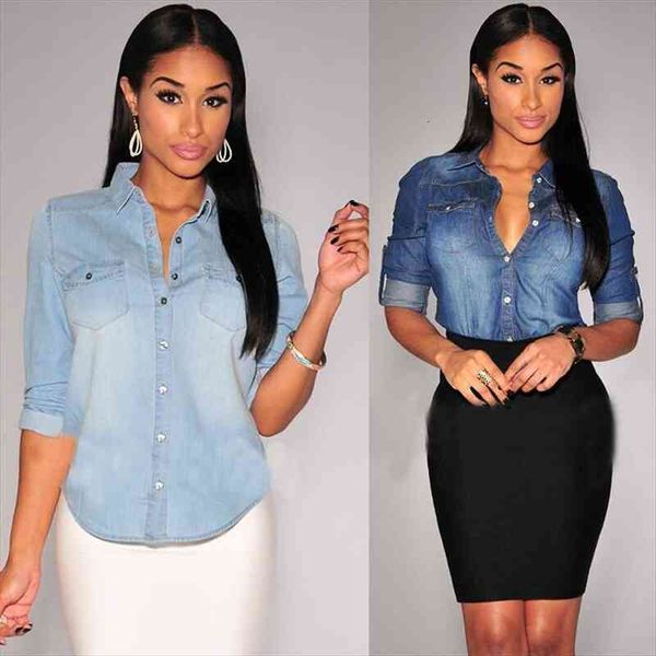 

womens retro blue jean soft denim long sleeve casual shirt blouse s-xl, White