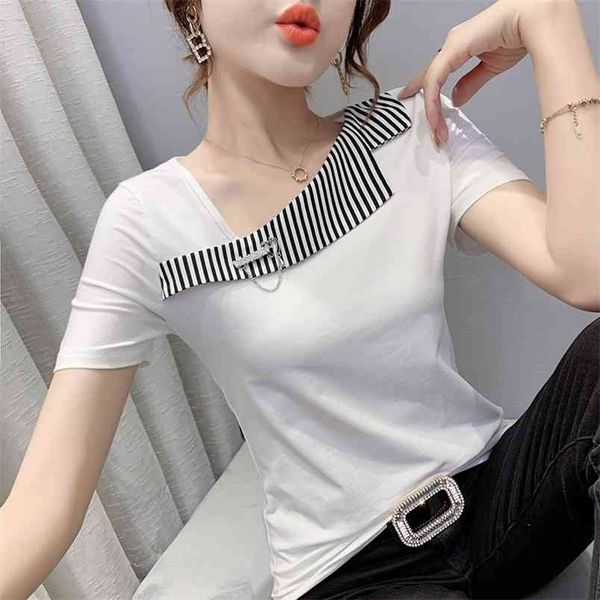 

summer skew collar stripe splicing short sleeve tee women fashion slim casual woman t shirts women 210507, White