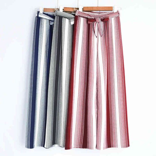 

skirts womens summer korean style striped loose wide leg ankle pants elastic waist sashes bowknot casual elegant broad trousers mi, Black