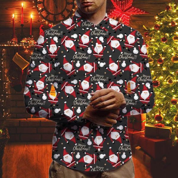 

men's casual shirts fashion autumn winter vintage christmas printed long sleeve blouse social clothing, White;black