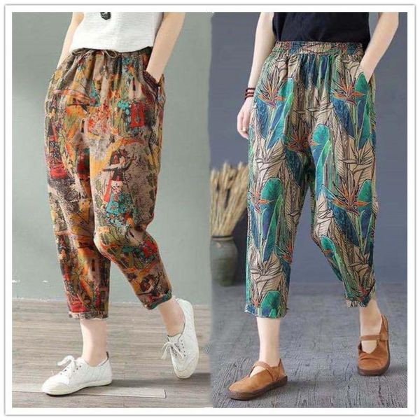 

women's pants & capris cotton linen harem women 2021 summer fashion graffi printed casual high waist calf-length loose trousers female, Black;white