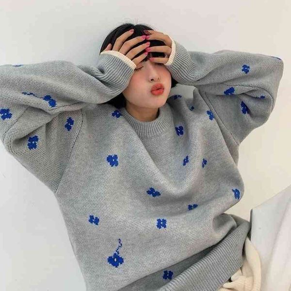 

women's sweaters autumn simple sweet floral pullovers femme casual loose sweater schoolgirl o-neck long sleeve versatile knitted coat, White;black