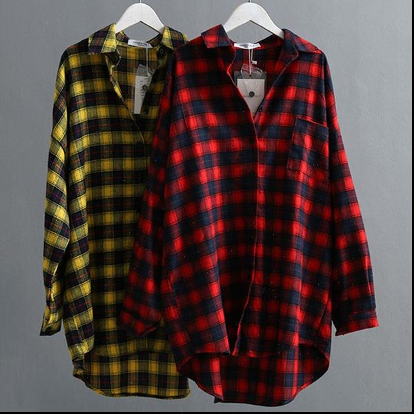 

autumn cotton plaids womens blouses fashion plus size plaid red yellow, White