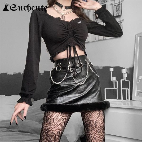 

casual dresses goth aesthetic fur trim mini skirt for women streetwear punk style high waisted black faux leather clubwear d9zg, Black;gray