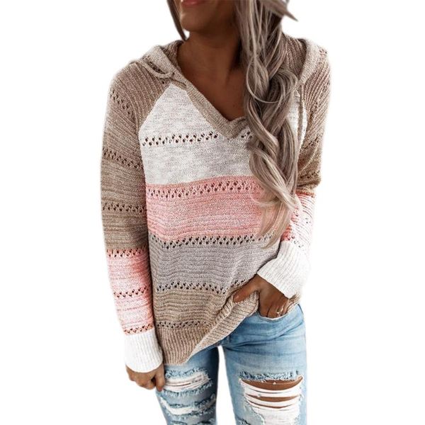 

women's sweaters hooded sweater casual rib knitted long sleeve loose fitting pullover with drawstring hoodsweaters, White;black