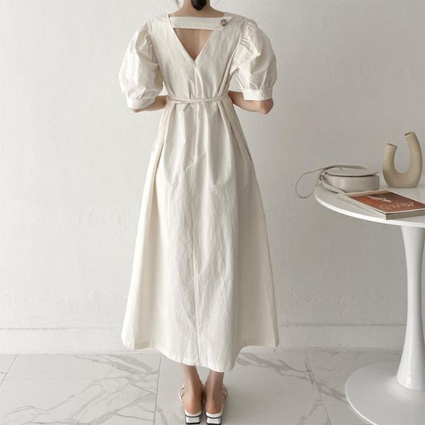 

party dresses mozuleva 2021 women summer puff sleeve loose slim high waist casual lace up long dress female white backless vestidos, White;black
