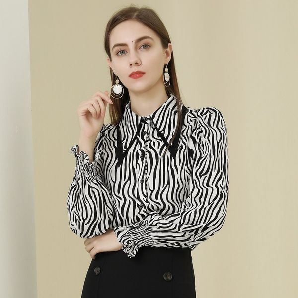 

jacket high fashion chiffon female casual blouse long zebra sleeve print spring shirts, Black;brown