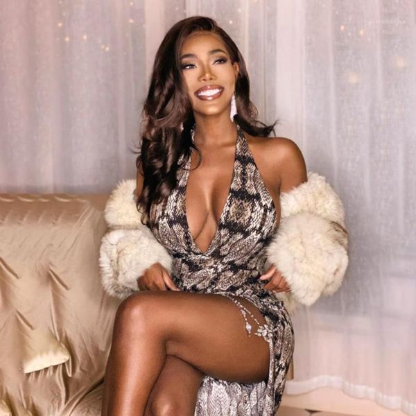 

split party dresses women night club snake dress summer elegant deep v neck backless print halter fashion mujer m0412 casual, Black;gray