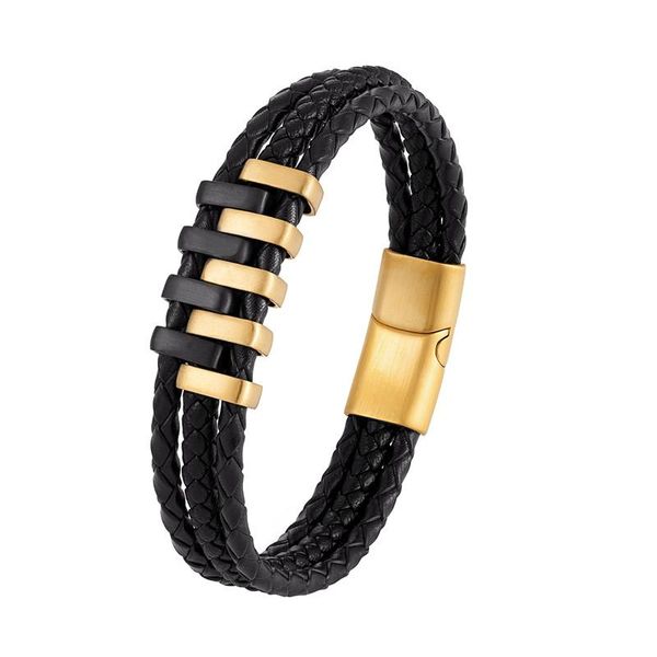 

fashion men's leather bracelet black multilayer braided metal stainless steel buckle classic jewelry gift charm bracelets, Golden;silver