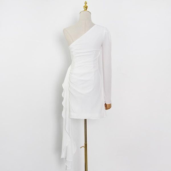 

casual dresses white dress for women diagonal collar long sleeve one off shoulder high waist mini female 2021 fashion, Black;gray