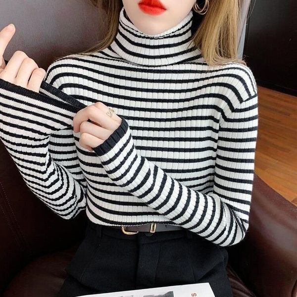 

women's sweaters sweater autumn and winter high-neck bottoming shirt 2021 knitting wild stripes western style self-cultivation trend, White;black