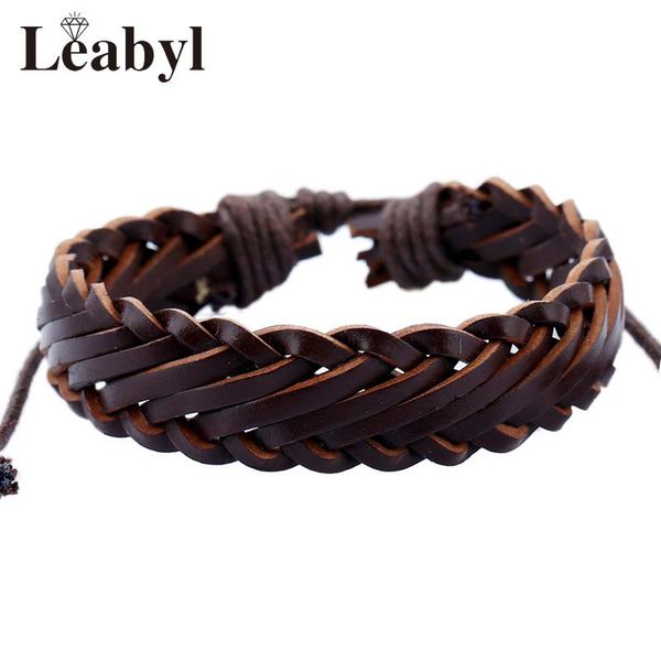 

tennis leabyl classic punk series handmade braided leather strap vintage bracelet diy brown cow wrap men, Golden;silver