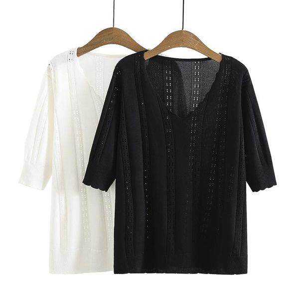 

plus size t-shirt women's clothing t-shirts 2021 summer wear show thin loose tees v neck ice silk knitted with short sleeves, Black