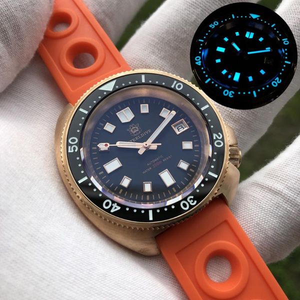 

wristwatches steeldive mens dive watches men automatic mechanical watch bronze men's wristwatch 200m waterproof switzerland c3 luminous, Slivery;brown