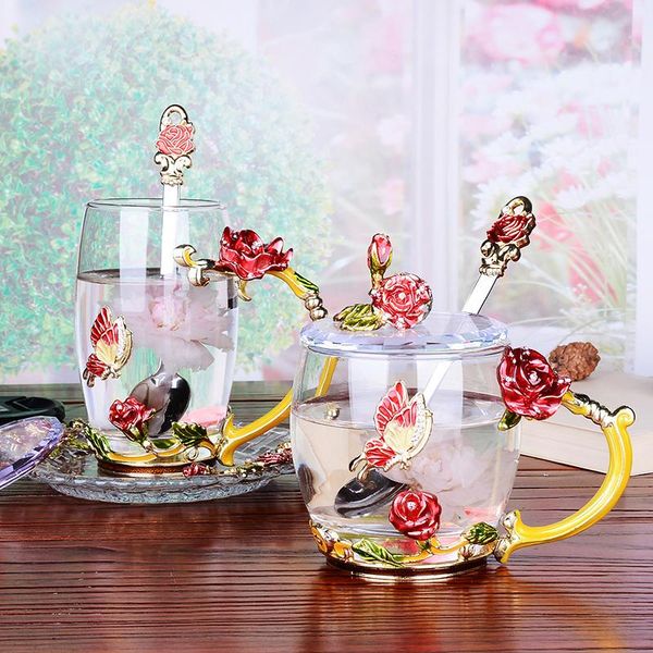 

wine glasses heat resistant glass cup red rose blossom decoration enamel coffee mug flower tea alloy handgrip and mugs gift box