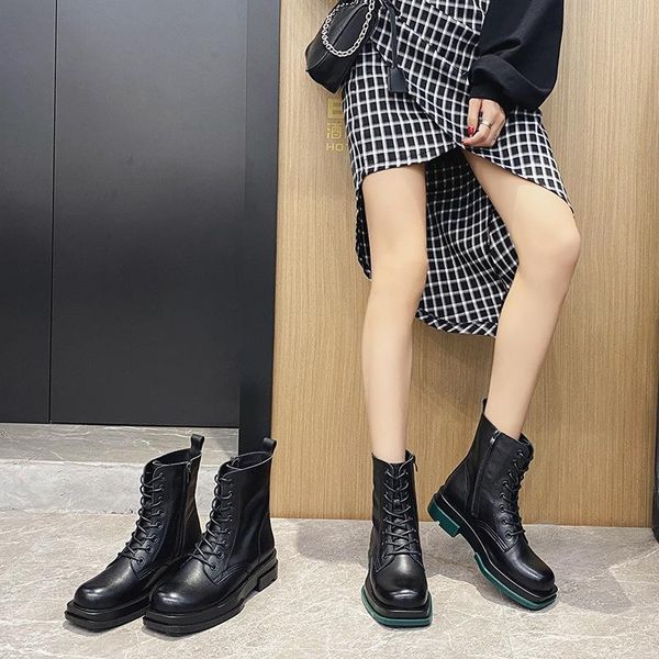 

boots 2021 women's british style leather medium european station thick soled short locomotive, Black