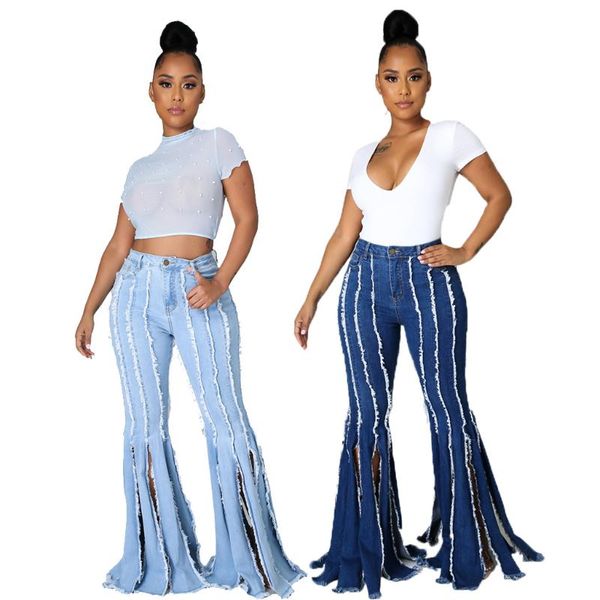 

women's jeans 2021 y2k flared pants super stretch slim trousers plus size ripped stitching mid-waist mom, Blue