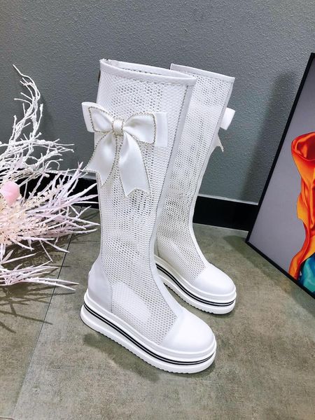 

summer women long boots mesh hollow casual shoes cowboy high heels knee 2021 fashion removable bowknot genuine leather lady, Black