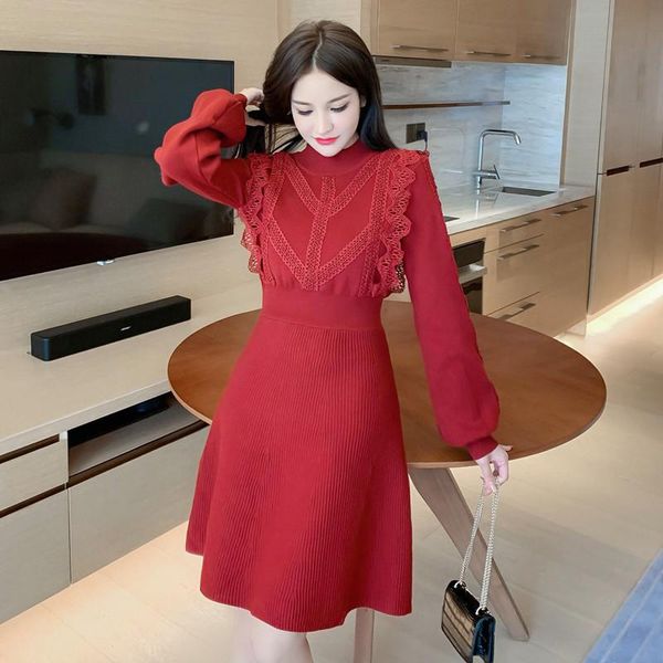 

casual dresses fashion party 2021 autumn wear french waist slimming lantern sleeve lace a-line long knitted dress, Black;gray