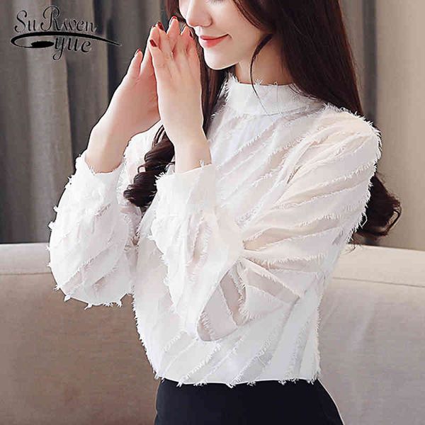 

fashion autumn chiffon women blouses solid white long sleeve standing collar elegant clothing 5588 50 210427