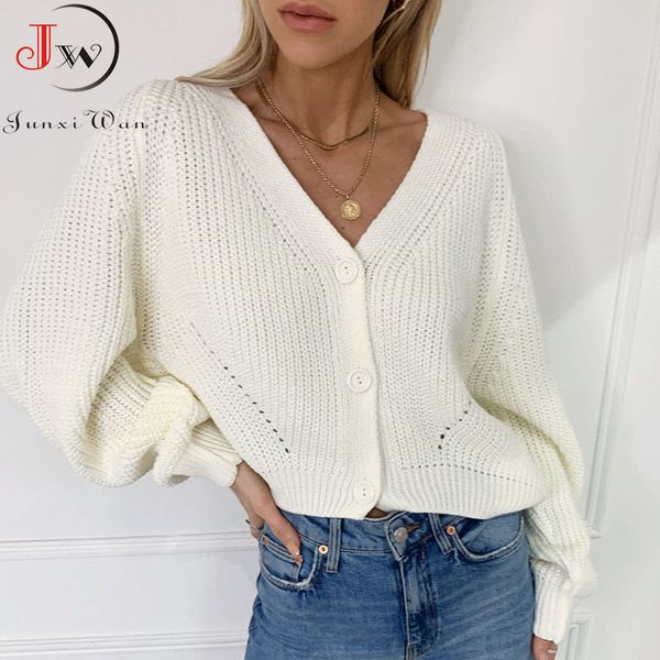 

solid casual women cardigan long sleeve v-neck autumn winter warm knitted sweater short knitwear coat pull femme jumper 210510, White